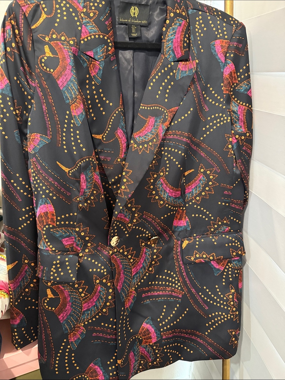 House of Harlow 1960 Black Satin Blazer with Pink, Teal & Gold Print